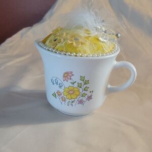 Floral White Mug with Yellow Pincushion. Hand Made